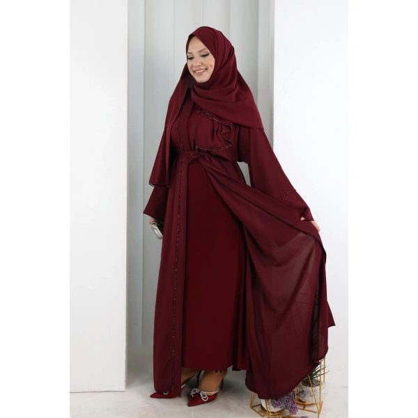 Taş Detaylı Şallı Abaya 7096 Bordo