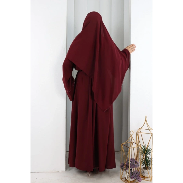 Taş Detaylı Şallı Abaya 7096 Bordo