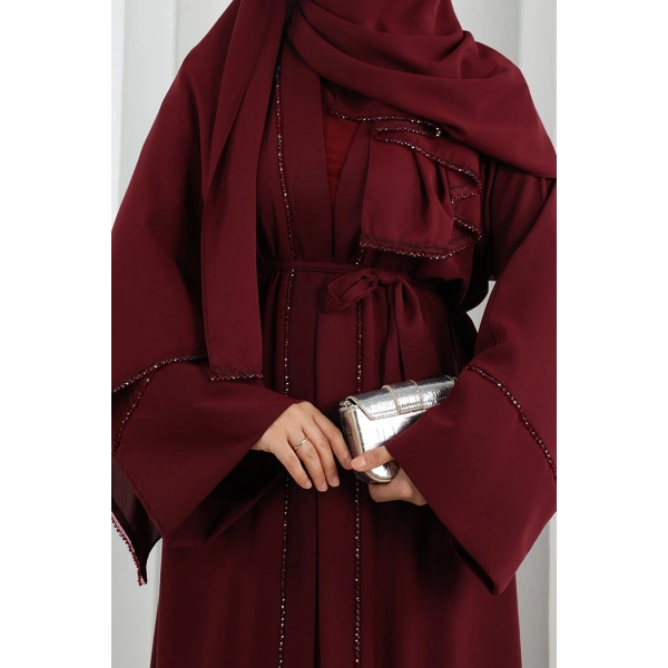 Taş Detaylı Şallı Abaya 7096 Bordo