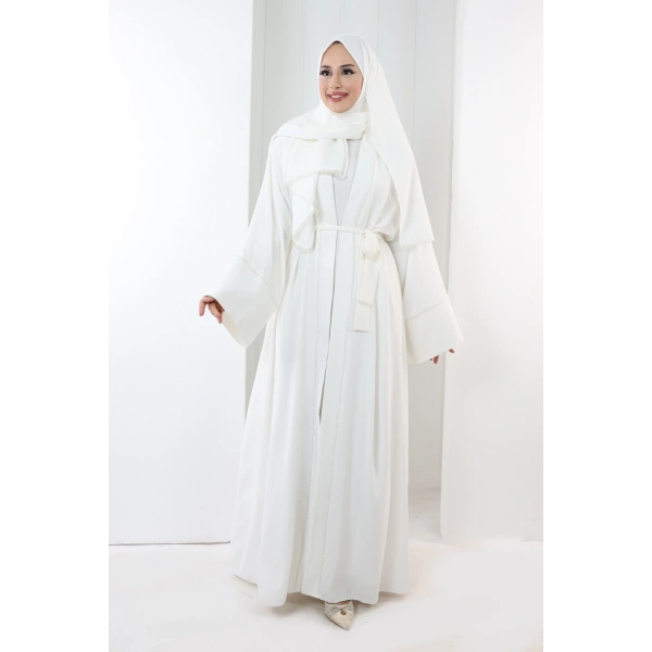 Taş Detaylı Şallı Abaya 7096 Ekru