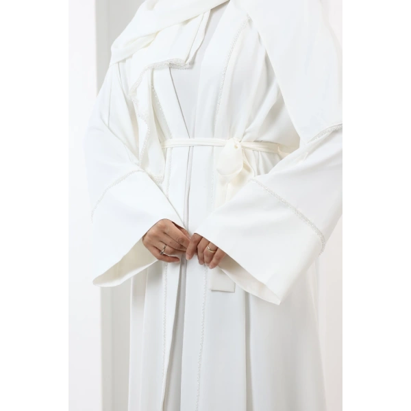 Taş Detaylı Şallı Abaya 7096 Ekru