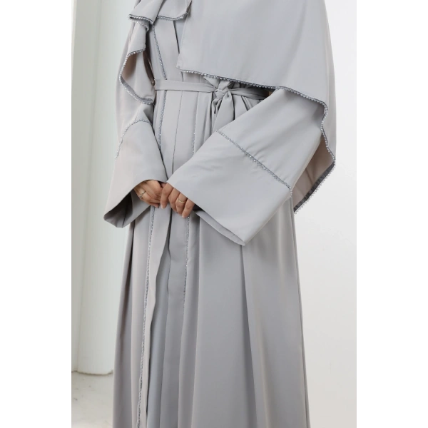 Taş Detaylı Şallı Abaya 7096 Gri