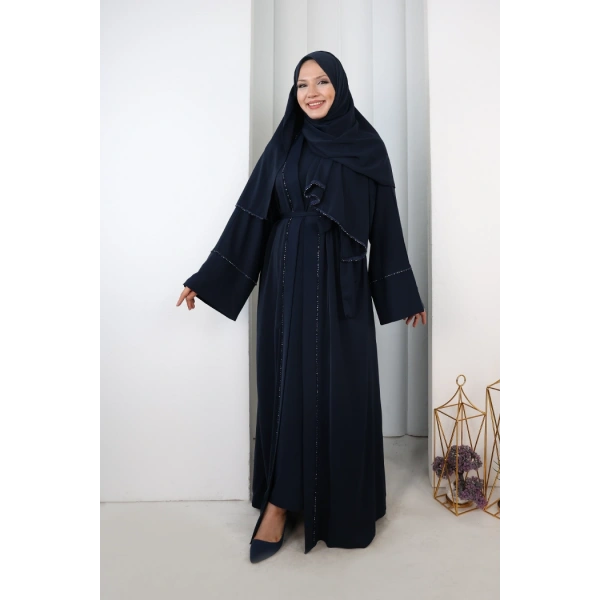 Taş Detaylı Şallı Abaya 7096 Lacivert