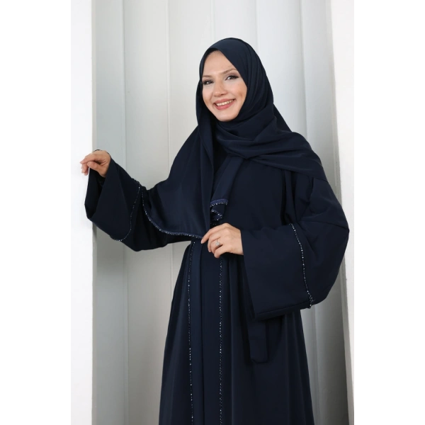 Taş Detaylı Şallı Abaya 7096 Lacivert