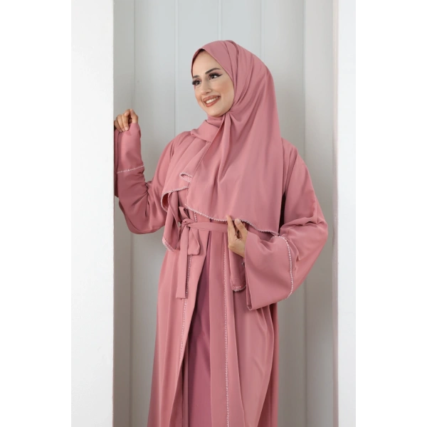 Taş Detaylı Şallı Abaya 7096 Pudra