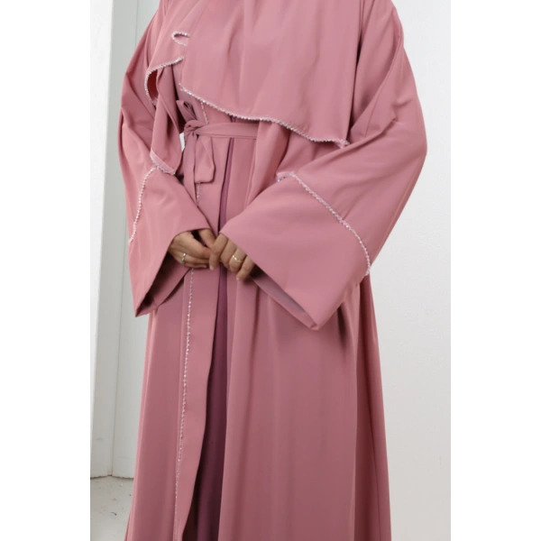 Taş Detaylı Şallı Abaya 7096 Pudra
