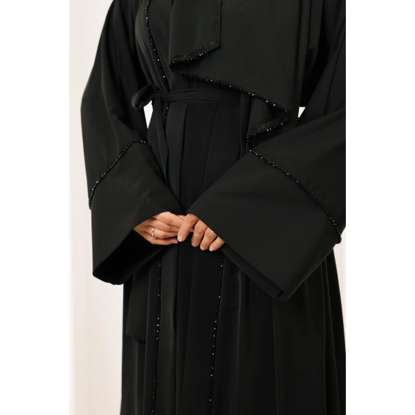 Taş Detaylı Şallı Abaya 7096 Siyah