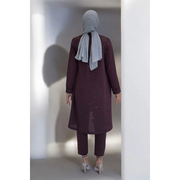 Taş Detaylı Uzun Ceket Pantolon İkili Takım 8683 Bordo