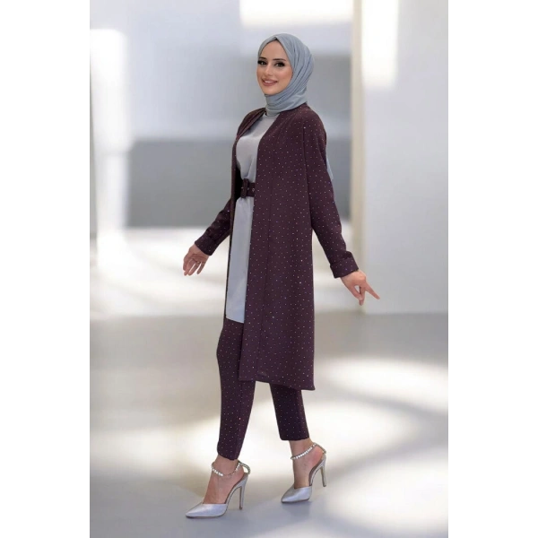Taş Detaylı Uzun Ceket Pantolon İkili Takım 8683 Bordo