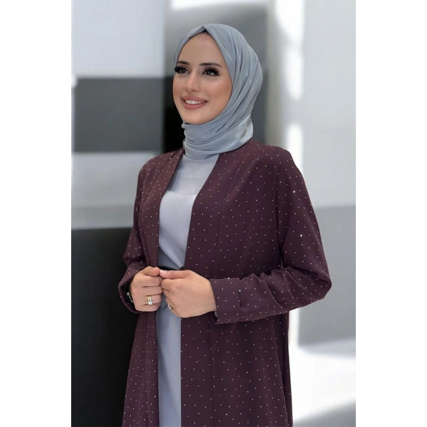 Taş Detaylı Uzun Ceket Pantolon İkili Takım 8683 Bordo