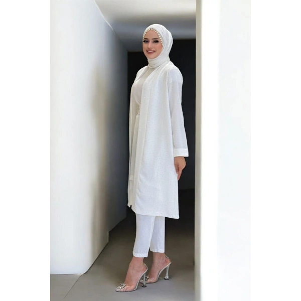 Taş Detaylı Uzun Ceket Pantolon İkili Takım 8683 Ekru