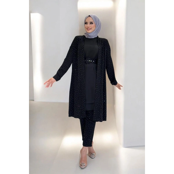 Taş Detaylı Uzun Ceket Pantolon İkili Takım 8683 Siyah