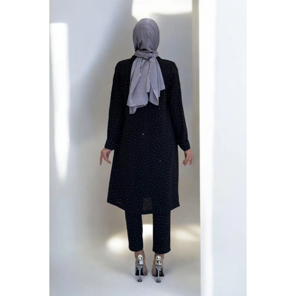Taş Detaylı Uzun Ceket Pantolon İkili Takım 8683 Siyah