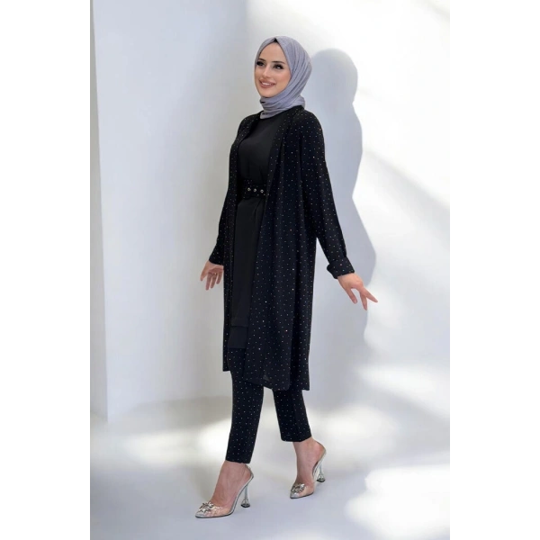 Taş Detaylı Uzun Ceket Pantolon İkili Takım 8683 Siyah
