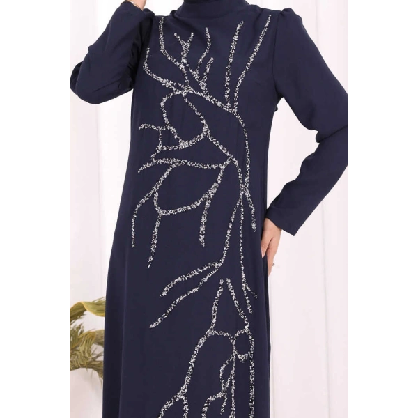 Taş İşleme Desenli Elbise 3889 Lacivert