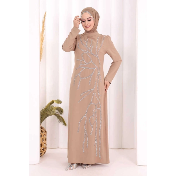 Taş İşleme Desenli Elbise 3889 Vizon