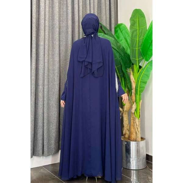Taş İşleme Detaylı Elbiseli Pelerin Takım 3875 Lacivert