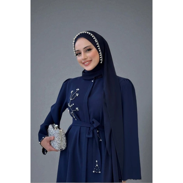Taş İşleme Detaylı Kuşaklı Tunik ve Pantolonlu Takım 8432 Lacivert