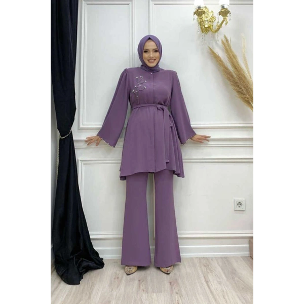 Taş İşleme Detaylı Kuşaklı Tunik ve Pantolonlu Takım 8432 Lila