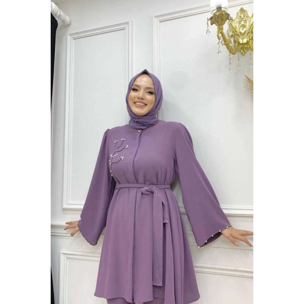 Taş İşleme Detaylı Kuşaklı Tunik ve Pantolonlu Takım 8432 Lila