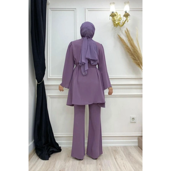 Taş İşleme Detaylı Kuşaklı Tunik ve Pantolonlu Takım 8432 Lila