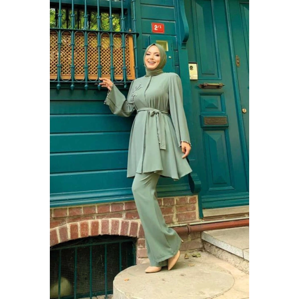Taş İşleme Detaylı Kuşaklı Tunik ve Pantolonlu Takım 8432 Mint