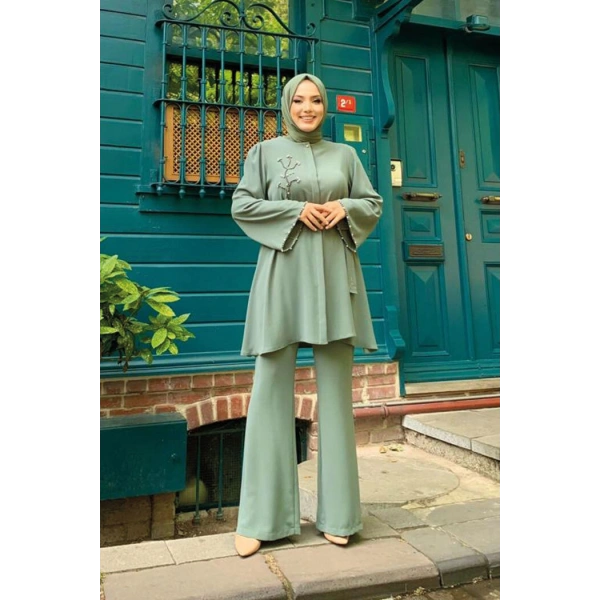Taş İşleme Detaylı Kuşaklı Tunik ve Pantolonlu Takım 8432 Mint