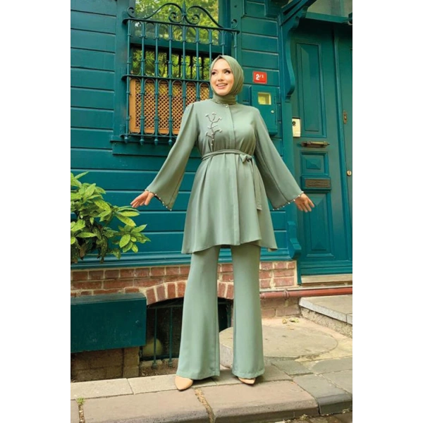 Taş İşleme Detaylı Kuşaklı Tunik ve Pantolonlu Takım 8432 Mint