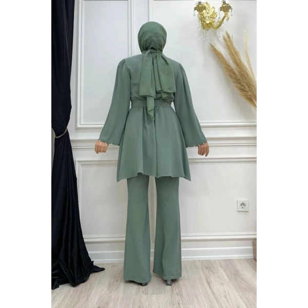 Taş İşleme Detaylı Kuşaklı Tunik ve Pantolonlu Takım 8432 Mint
