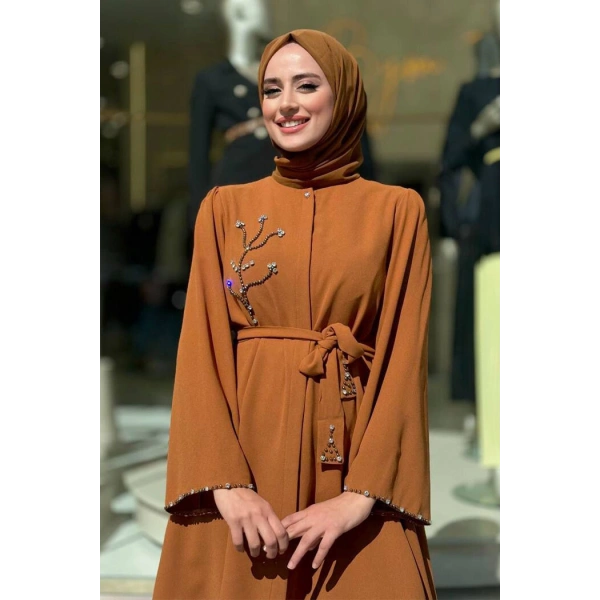 Taş İşleme Detaylı Kuşaklı Tunik ve Pantolonlu Takım 8432 Taba