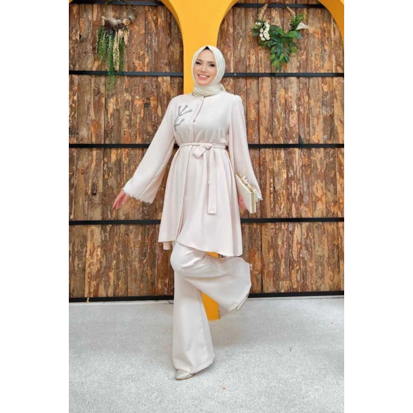 Taş İşleme Detaylı Kuşaklı Tunik ve Pantolonlu Takım 8432 Taş