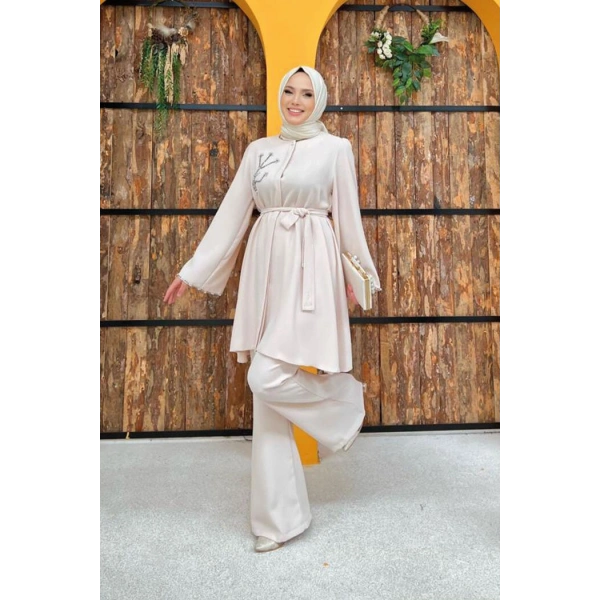 Taş İşleme Detaylı Kuşaklı Tunik ve Pantolonlu Takım 8432 Taş