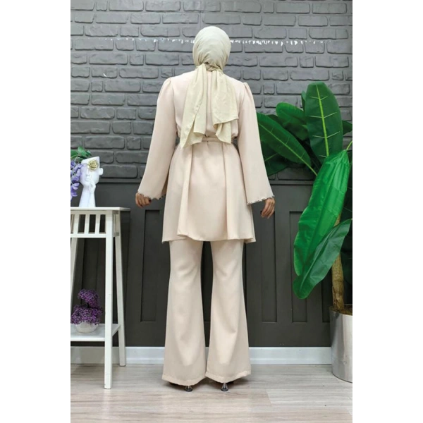 Taş İşleme Detaylı Kuşaklı Tunik ve Pantolonlu Takım 8432 Taş