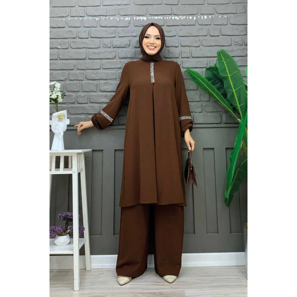 Taş İşleme Detaylı Pantolonlu Tunik Takım 8464 Kahverengi
