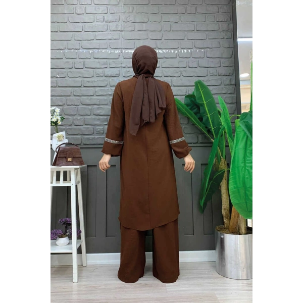 Taş İşleme Detaylı Pantolonlu Tunik Takım 8464 Kahverengi