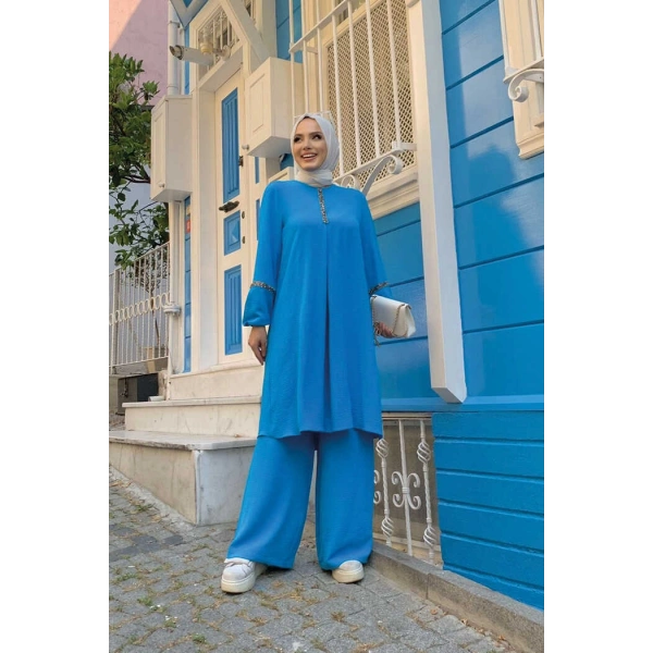 Taş İşleme Detaylı Pantolonlu Tunik Takım 8464 Mavi