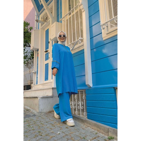 Taş İşleme Detaylı Pantolonlu Tunik Takım 8464 Mavi