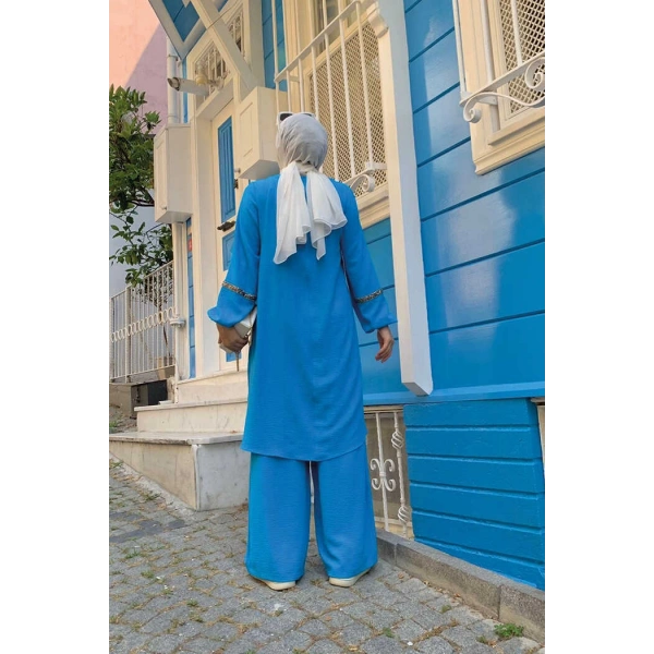 Taş İşleme Detaylı Pantolonlu Tunik Takım 8464 Mavi