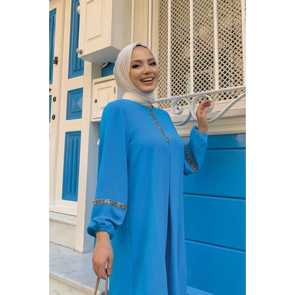 Taş İşleme Detaylı Pantolonlu Tunik Takım 8464 Mavi