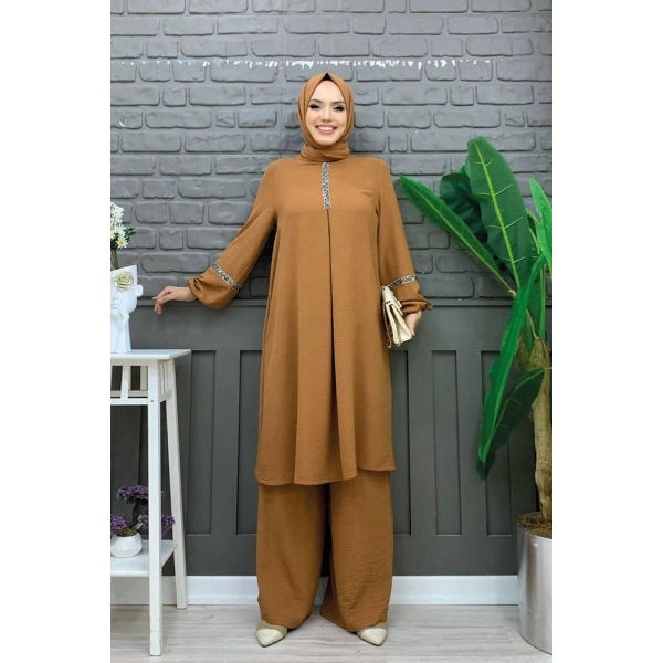 Taş İşleme Detaylı Pantolonlu Tunik Takım 8464 Taba