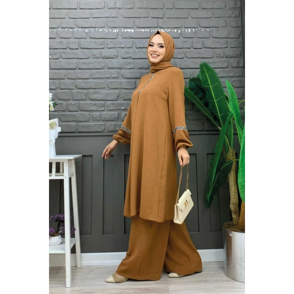 Taş İşleme Detaylı Pantolonlu Tunik Takım 8464 Taba