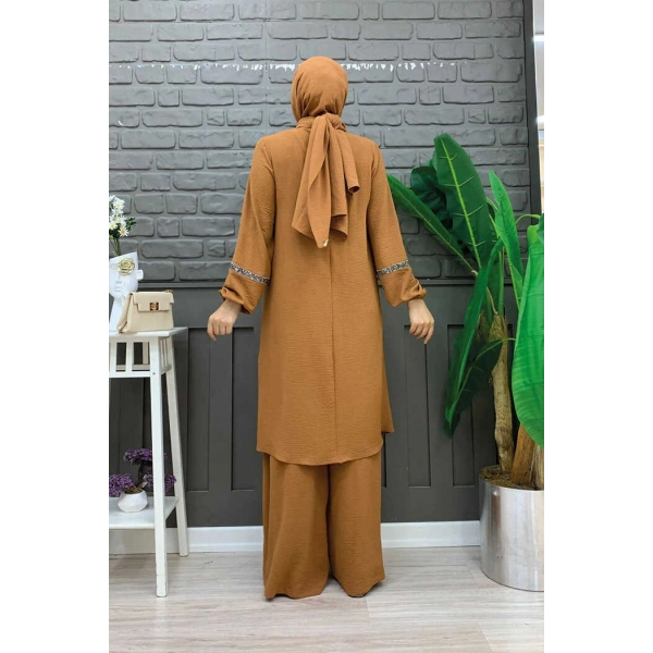 Taş İşleme Detaylı Pantolonlu Tunik Takım 8464 Taba