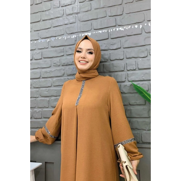 Taş İşleme Detaylı Pantolonlu Tunik Takım 8464 Taba