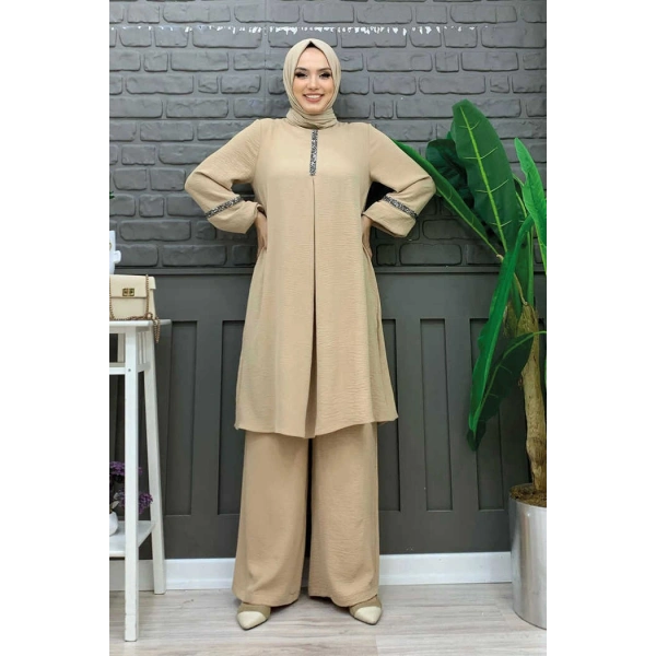 Taş İşleme Detaylı Pantolonlu Tunik Takım 8464 Taş