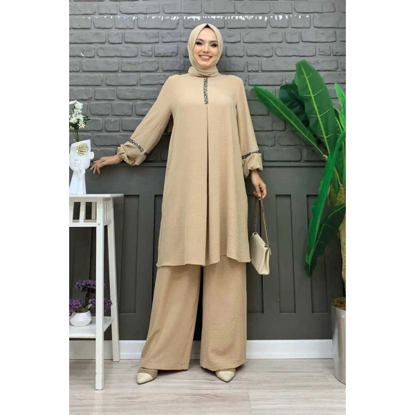 Taş İşleme Detaylı Pantolonlu Tunik Takım 8464 Taş