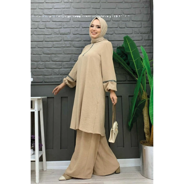 Taş İşleme Detaylı Pantolonlu Tunik Takım 8464 Taş
