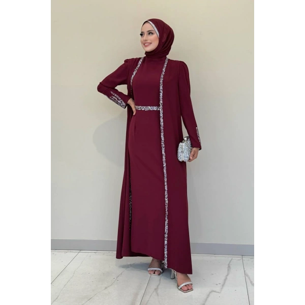 Taş İşleme Detaylı Yelekli Elbise Takım 3838 Bordo