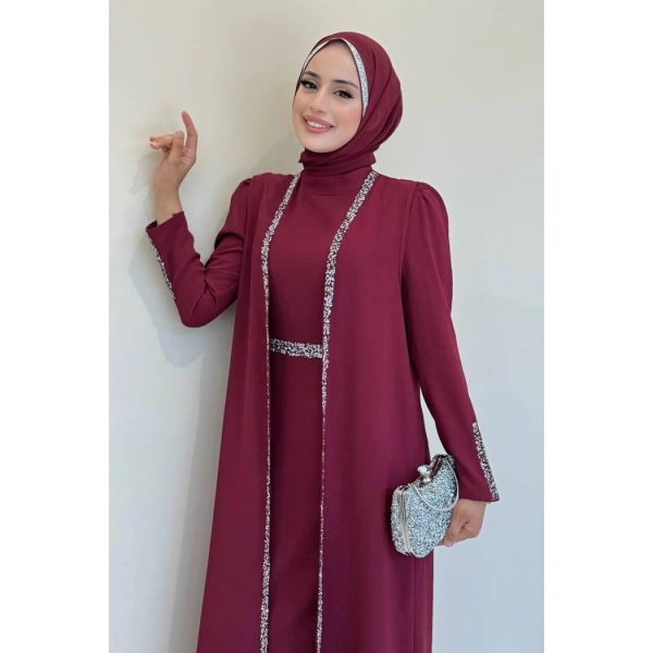 Taş İşleme Detaylı Yelekli Elbise Takım 3838 Bordo