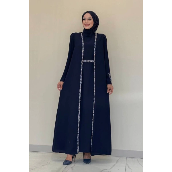 Taş İşleme Detaylı Yelekli Elbise Takım 3838 Lacivert