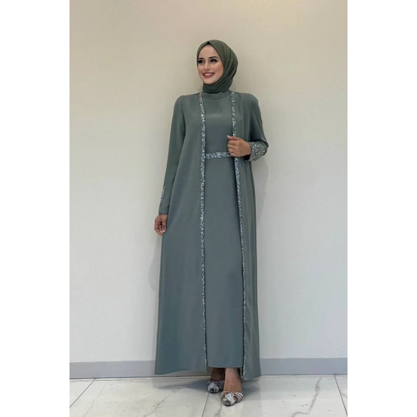 Taş İşleme Detaylı Yelekli Elbise Takım 3838 Mint